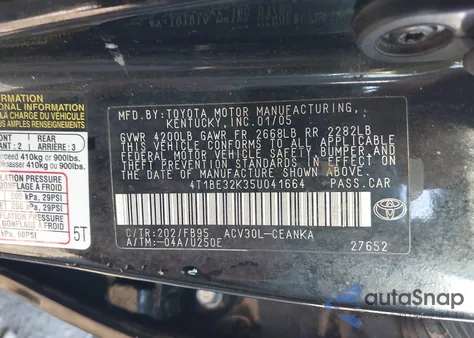 2005 Toyota Camry Std из США, поврежденный, VIN 4T1BE32K35U041664